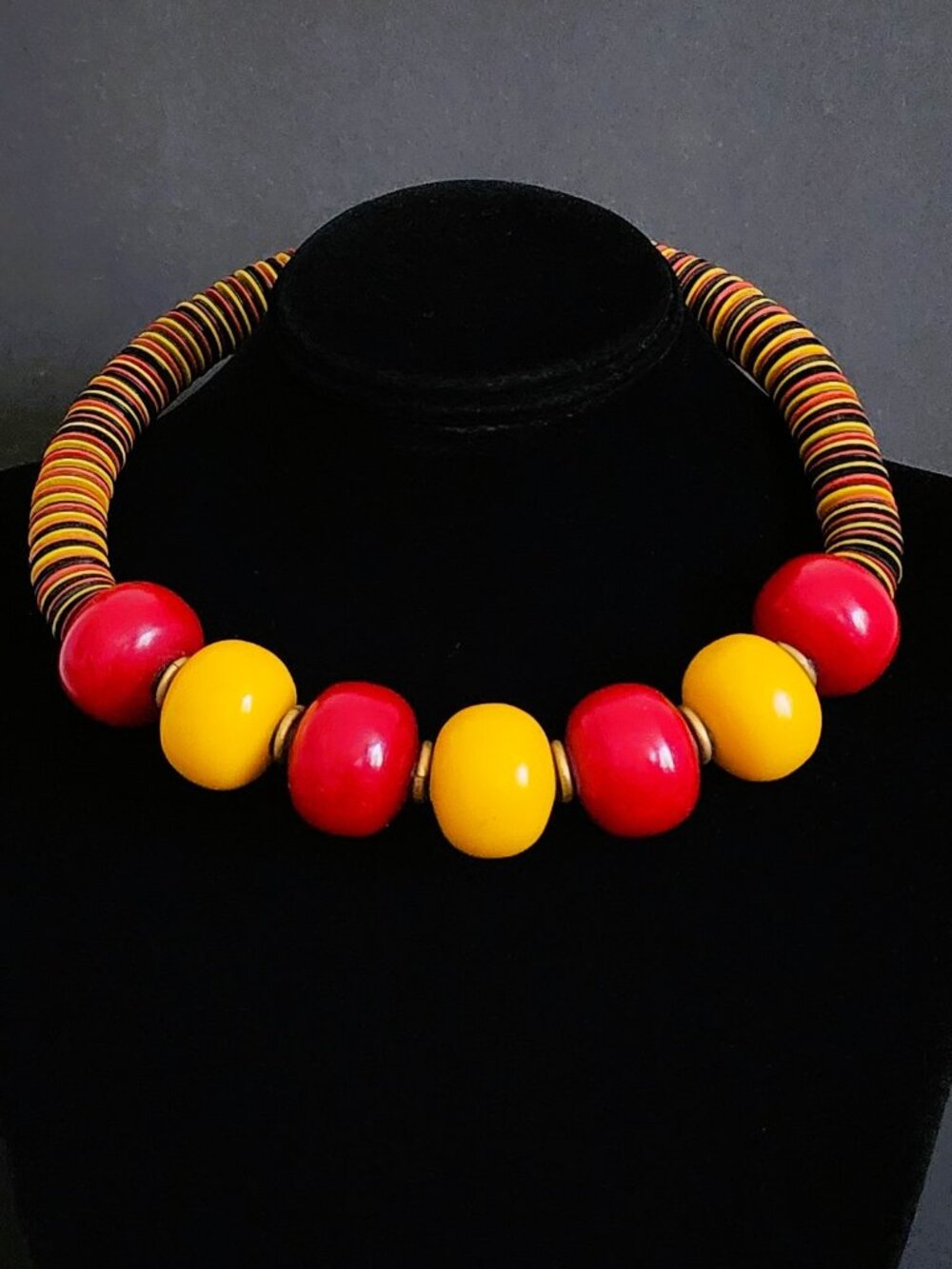 Vintage 90s Handmade Kenyan Brass Painted Wood Statement Collar Necklace 18”